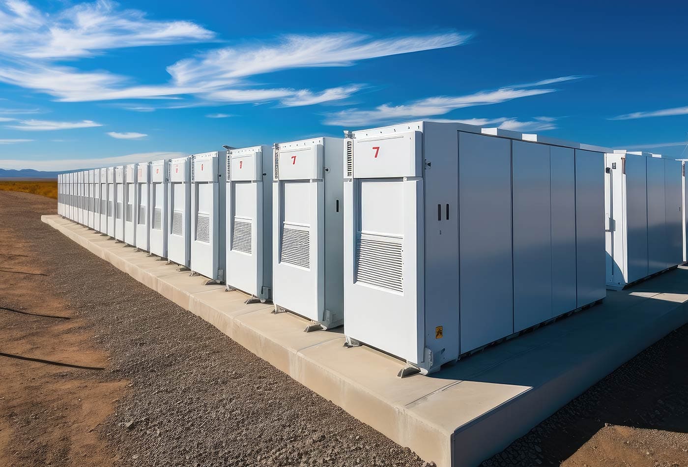 Array Of Large Industrial Batteries Set Against A Clear Blue Sky, Providing Energy Storage Solutions In A Remote Location.